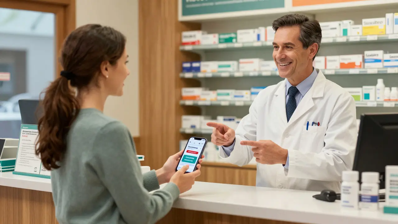 Customer using digital discount coupon at pharmacy counter