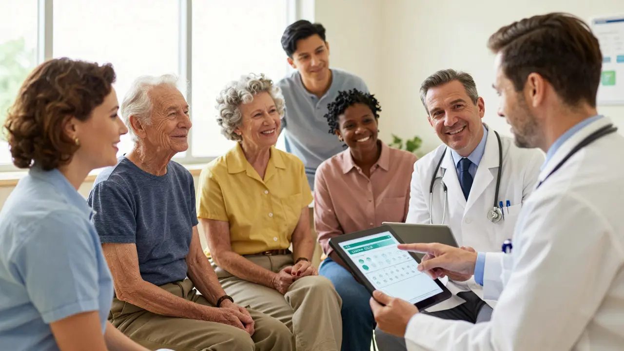 Diverse patients and doctors review personalized genetic health data together in a bright clinic.