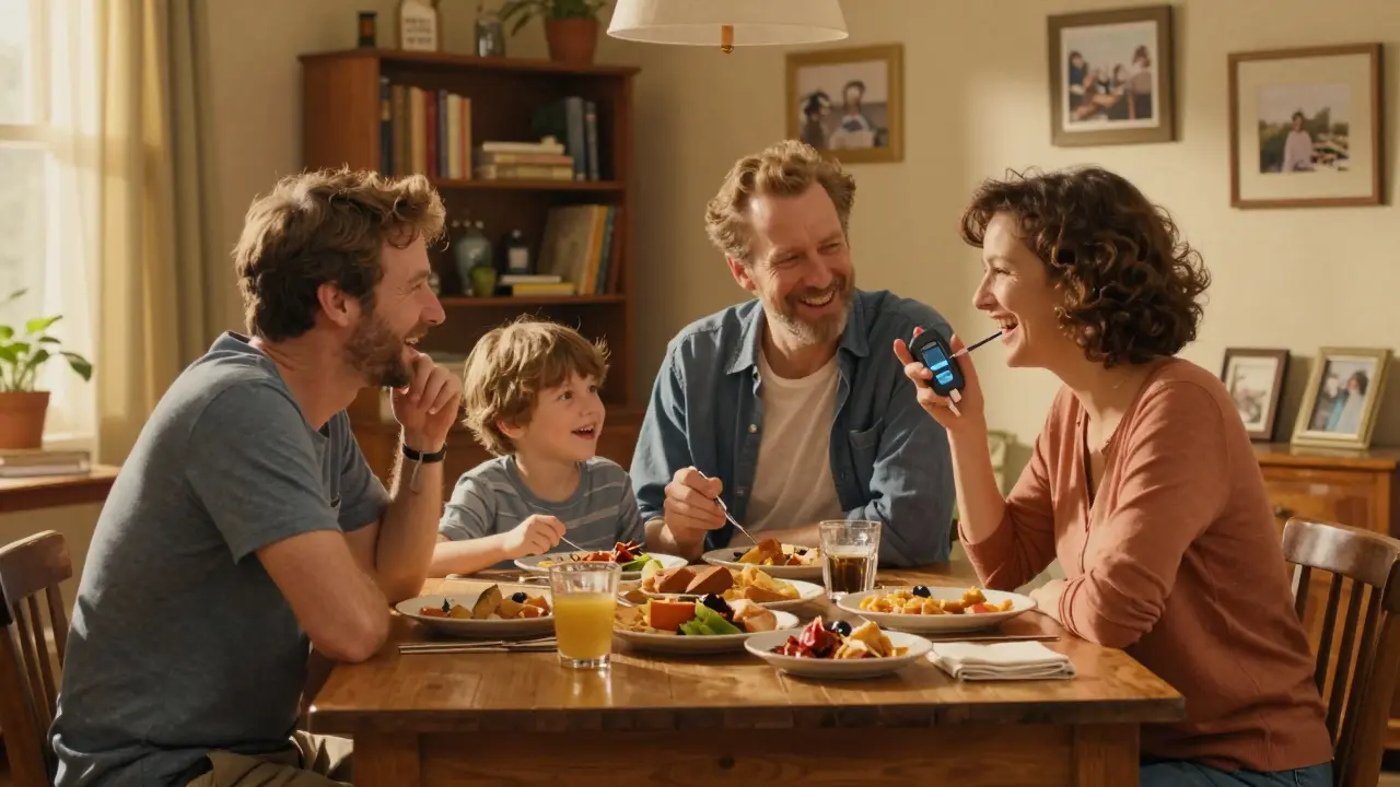 Family sharing a joyful meal together, free from constant diabetes calculations.