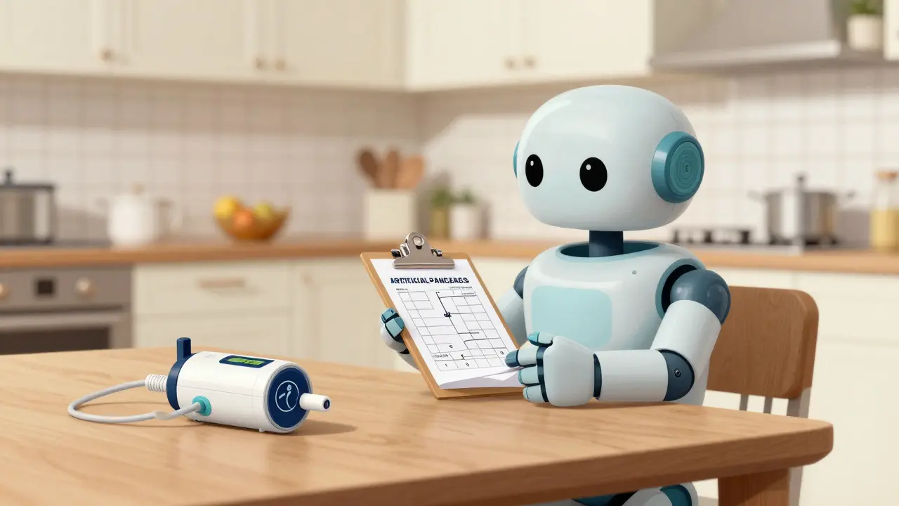 Friendly robot assistant managing insulin pump and glucose monitor in a kitchen.
