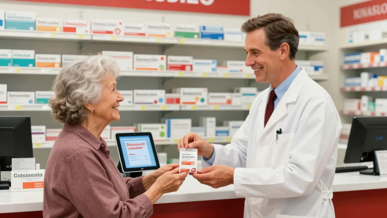 Happy customer receiving affordable generic meds from friendly pharmacist