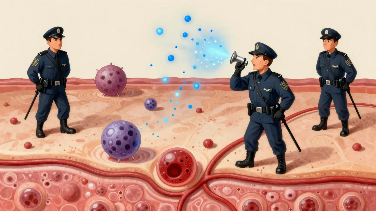Illustration of mast cells releasing histamine causing skin swelling
