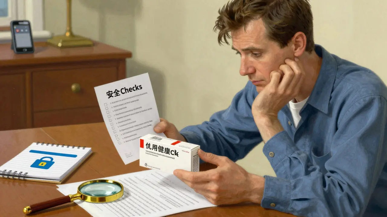 Person checking safety details of online medication purchase