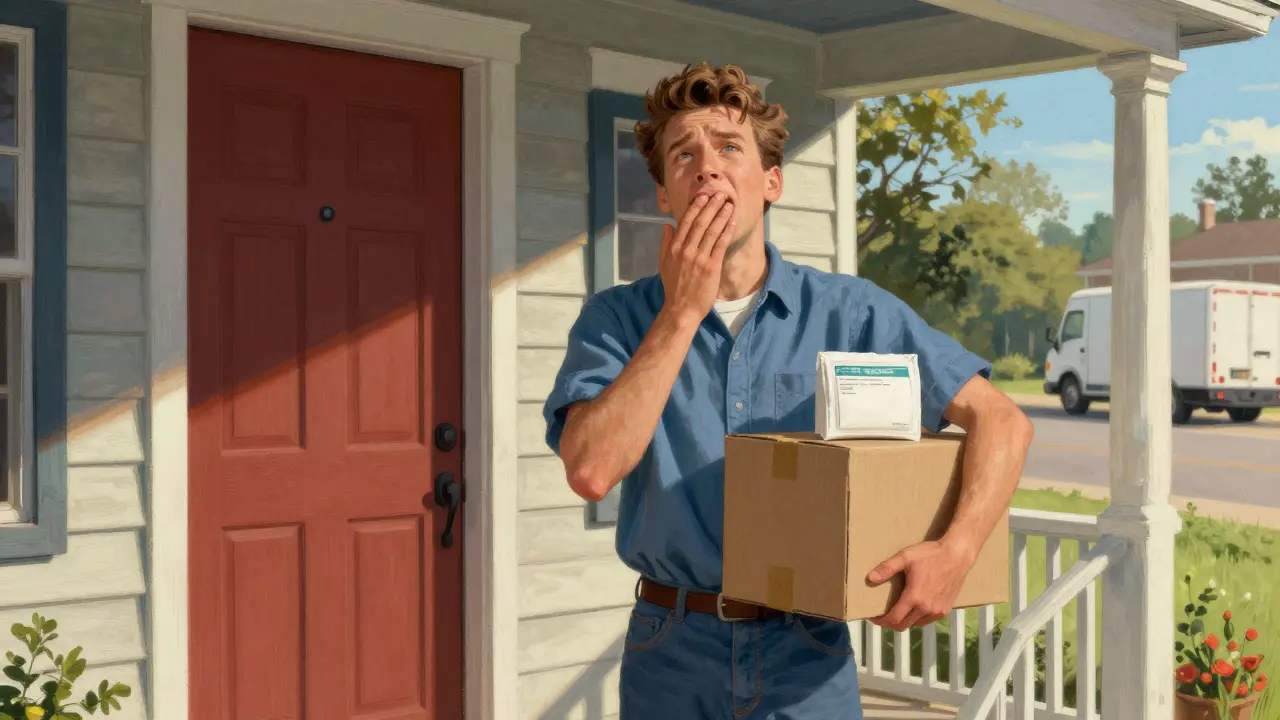 Person receiving medication delivery at front door with relief