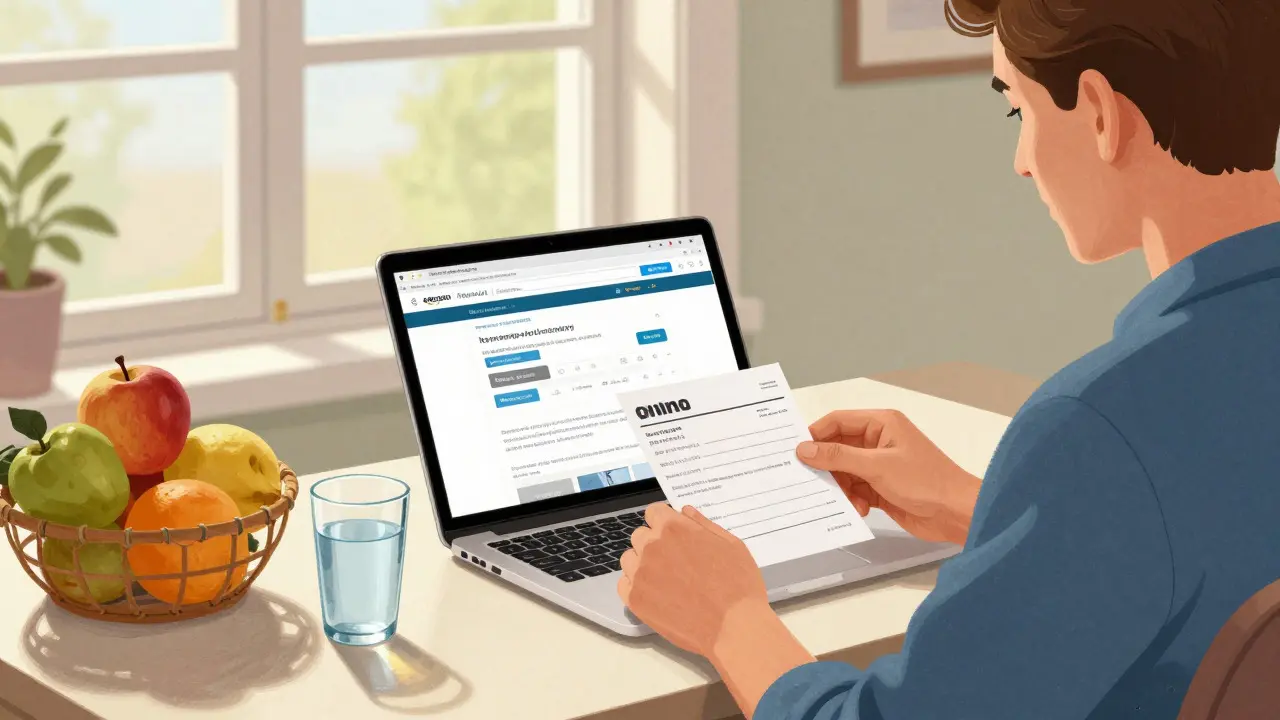 Person safely ordering medication online with prescription at home