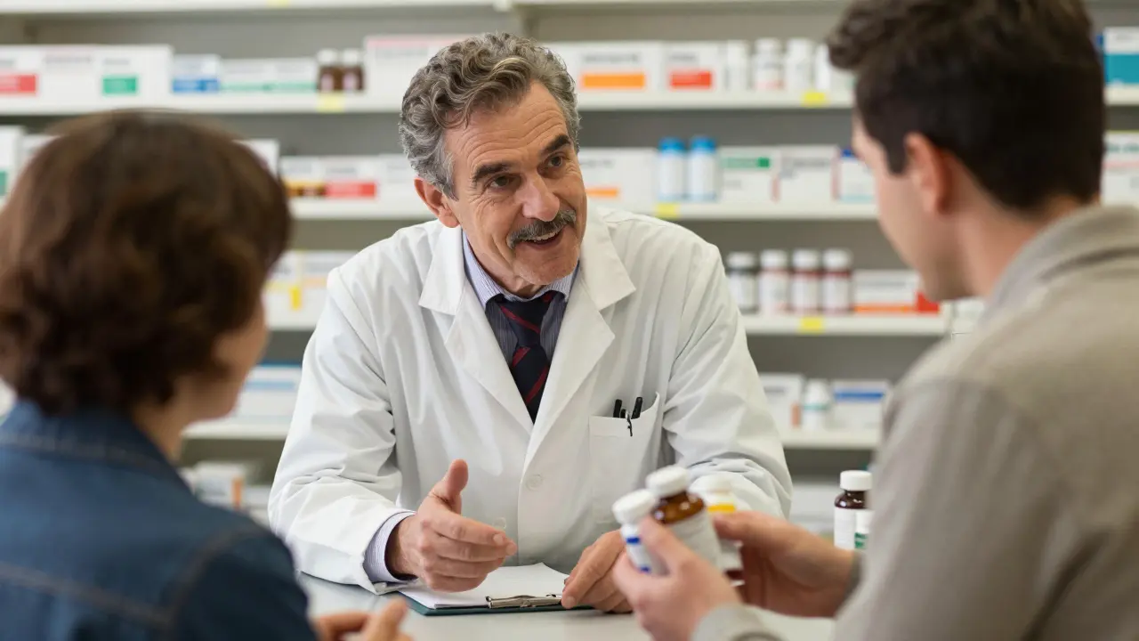 Pharmacist advising patient about supplement interactions at counter