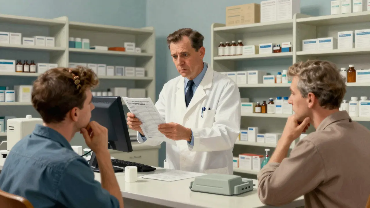 Pharmacist explaining medicine shortage to waiting patient