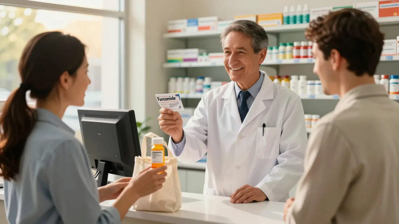Pharmacist handing generic furosemide to happy customer with coupon