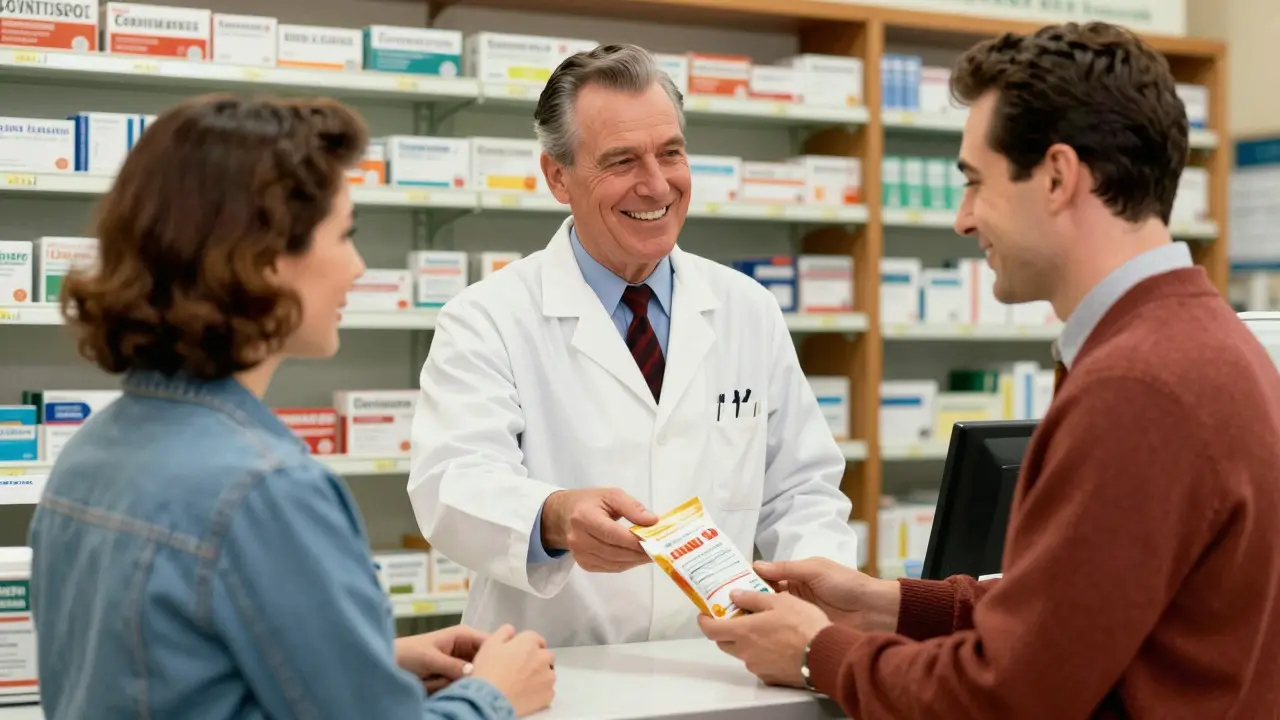 Pharmacist handing medication to satisfied customer