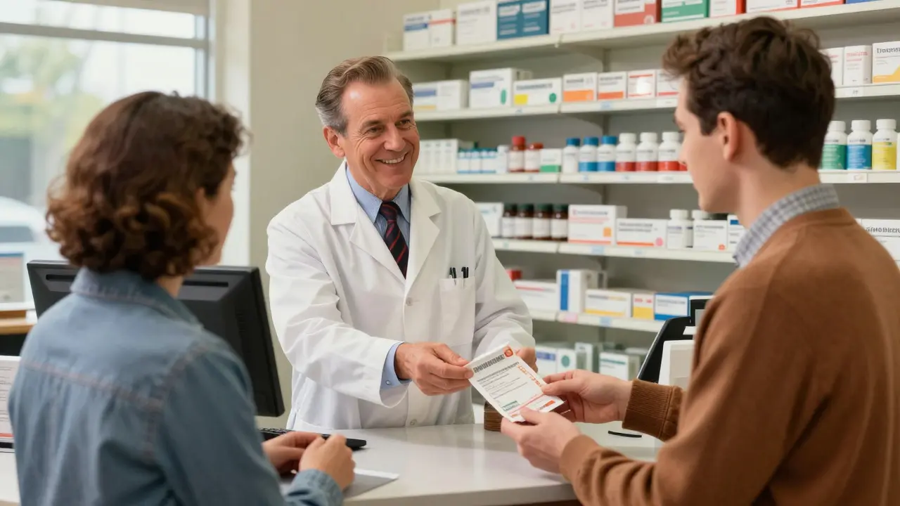 Pharmacist handing prescription to customer with coupon