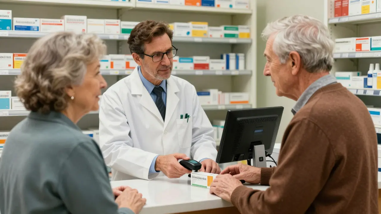 Pharmacist verifying medication for customer