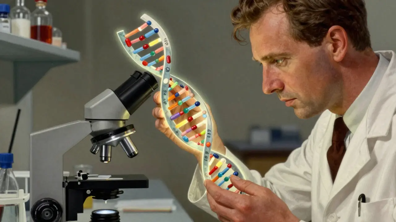 Scientist examines DNA strand intertwined with drug molecules under a microscope in a lab.