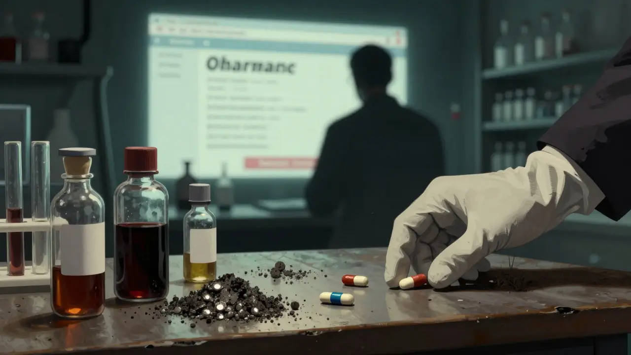 Shadowy lab showing toxic drug contaminants