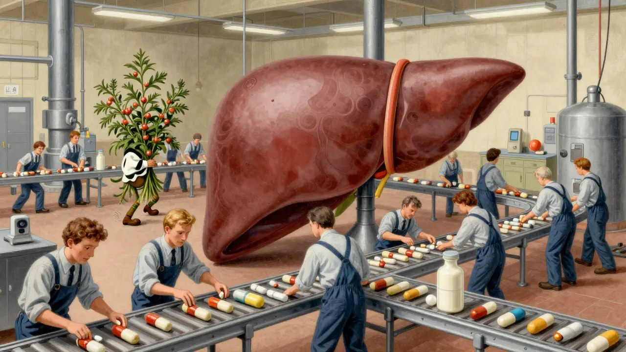 Whimsical factory inside liver showing enzymes interacting with supplements