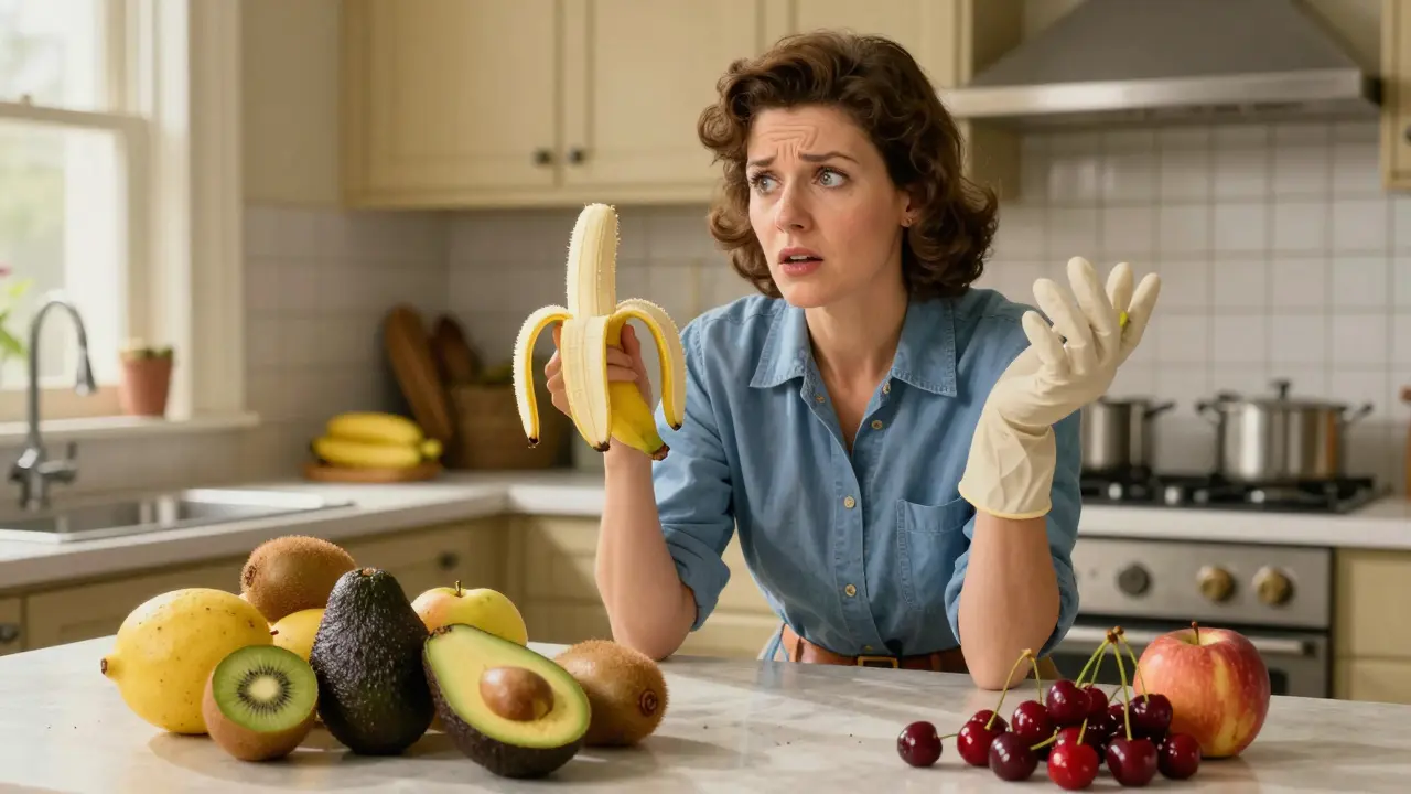 Woman comparing banana and latex glove
