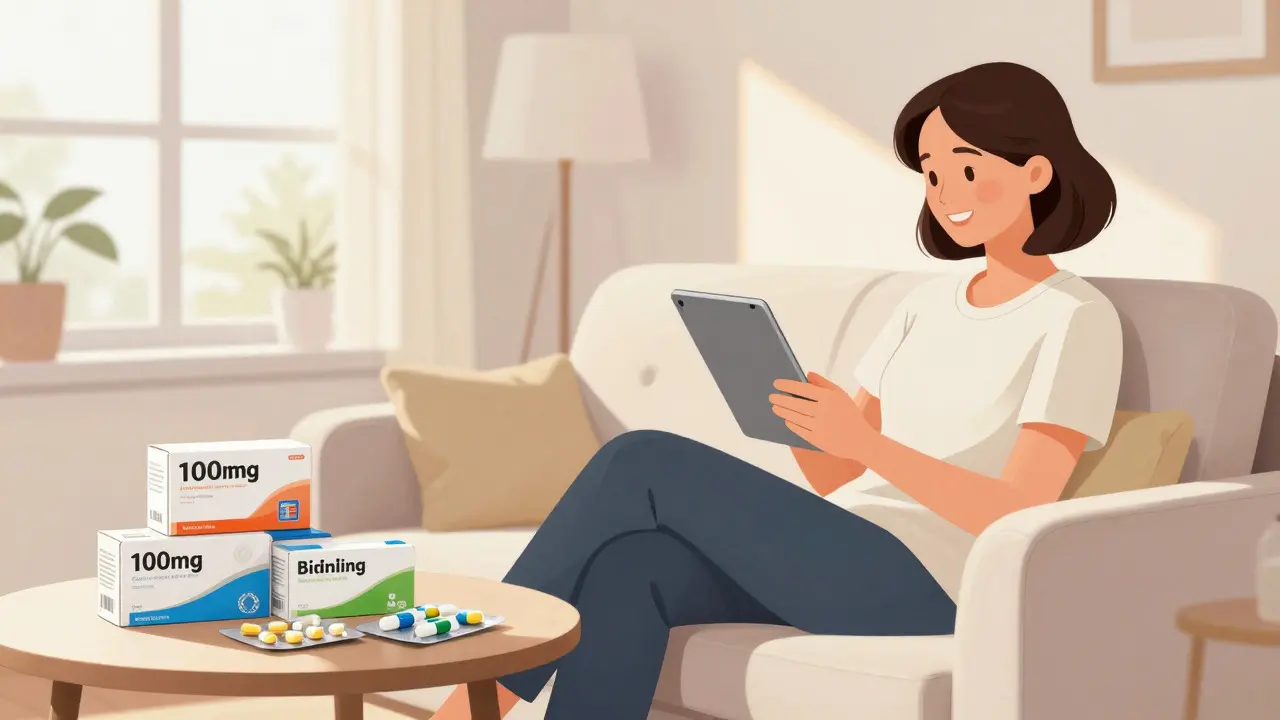 Woman happily reviewing cheap generic meds on tablet
