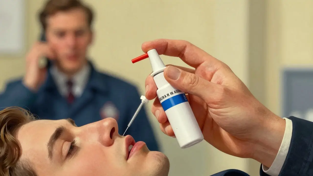 A hand administers nasal spray to a patient during an emergency