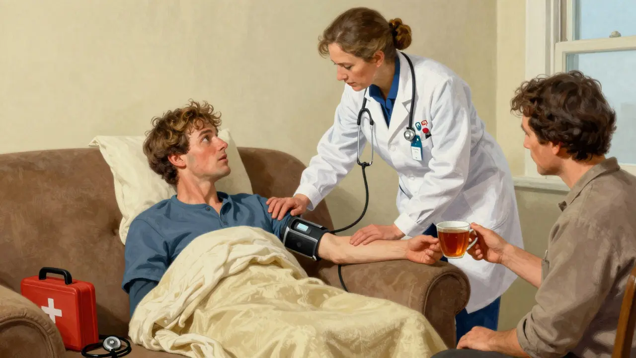 A recovered person sits up while a paramedic checks their vitals