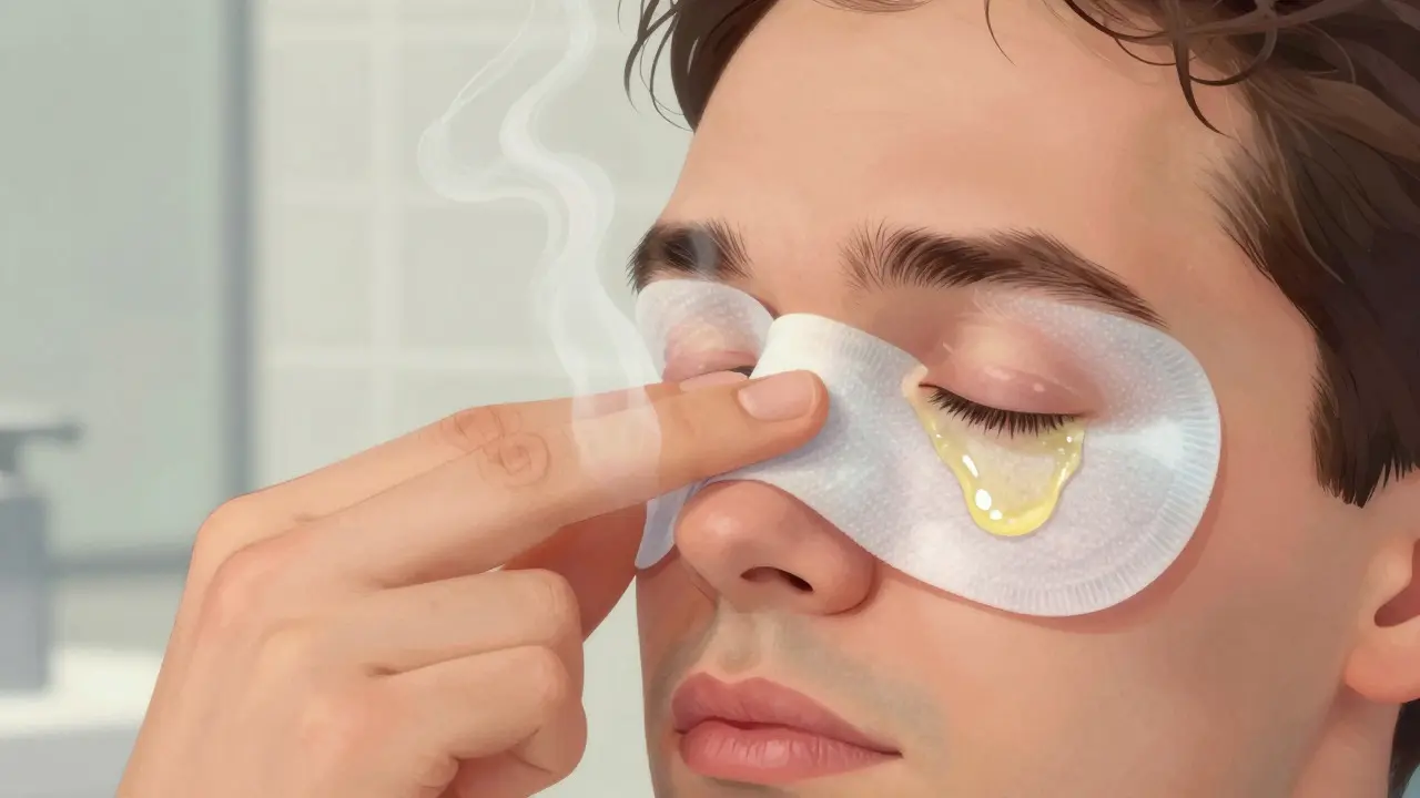 Close-up of hands applying a warm gel compress to closed eyes