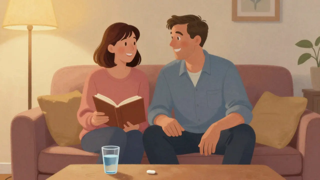 Couple relaxing on a sofa with a pill on the table