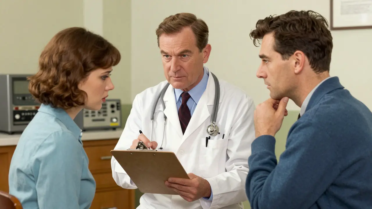Doctor calmly explaining meds to nervous patient in cozy clinic, vintage illustration