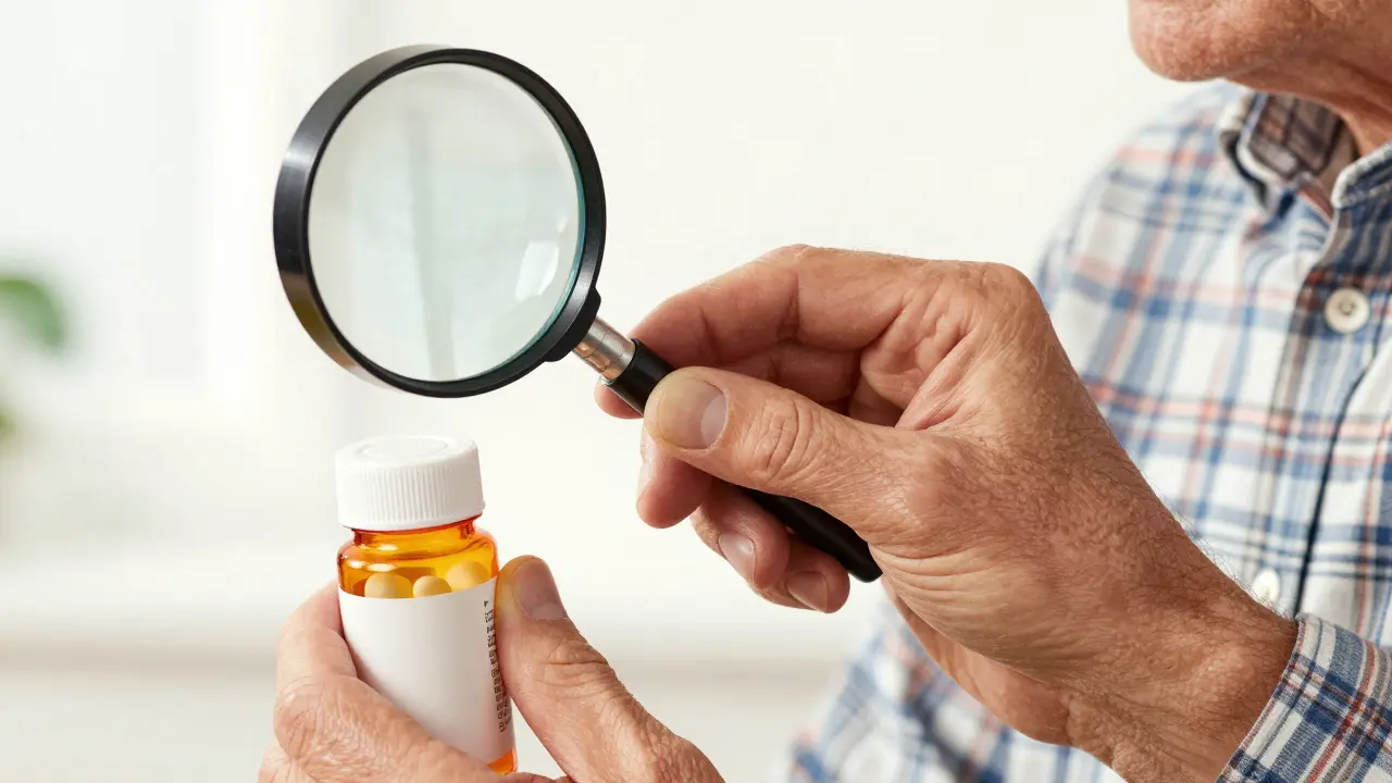 Hand inspecting a pill bottle with a magnifying glass