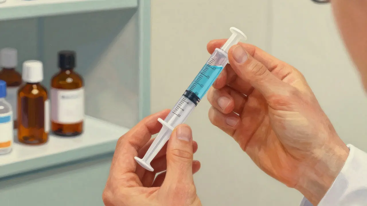 Hands using a clear oral syringe to measure liquid medication precisely
