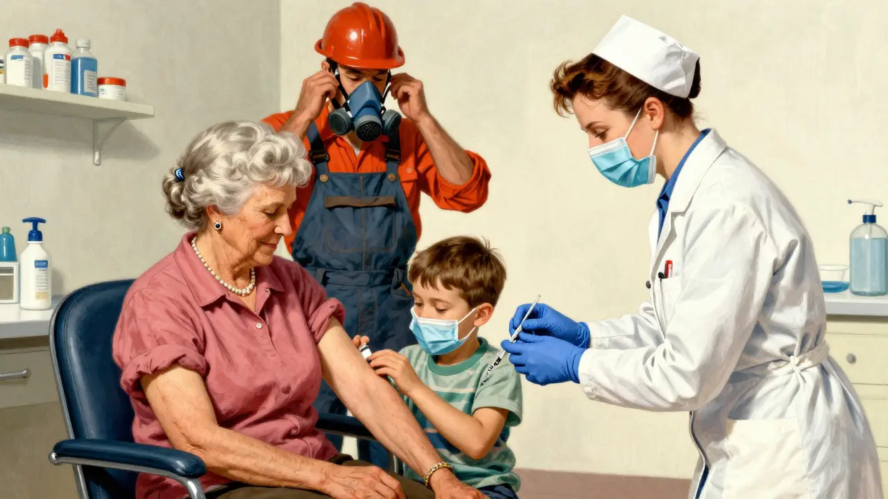 Nurse giving vaccines and worker wearing mask for pneumonia prevention.