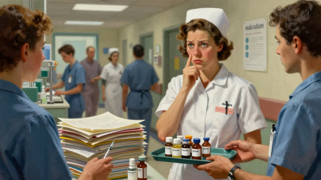 Nurse pausing to double-check medication amid busy hospital workflow