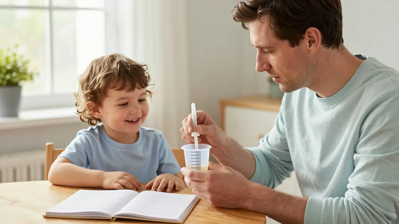 Parent giving medicine to a smiling child using a proper dosing cup