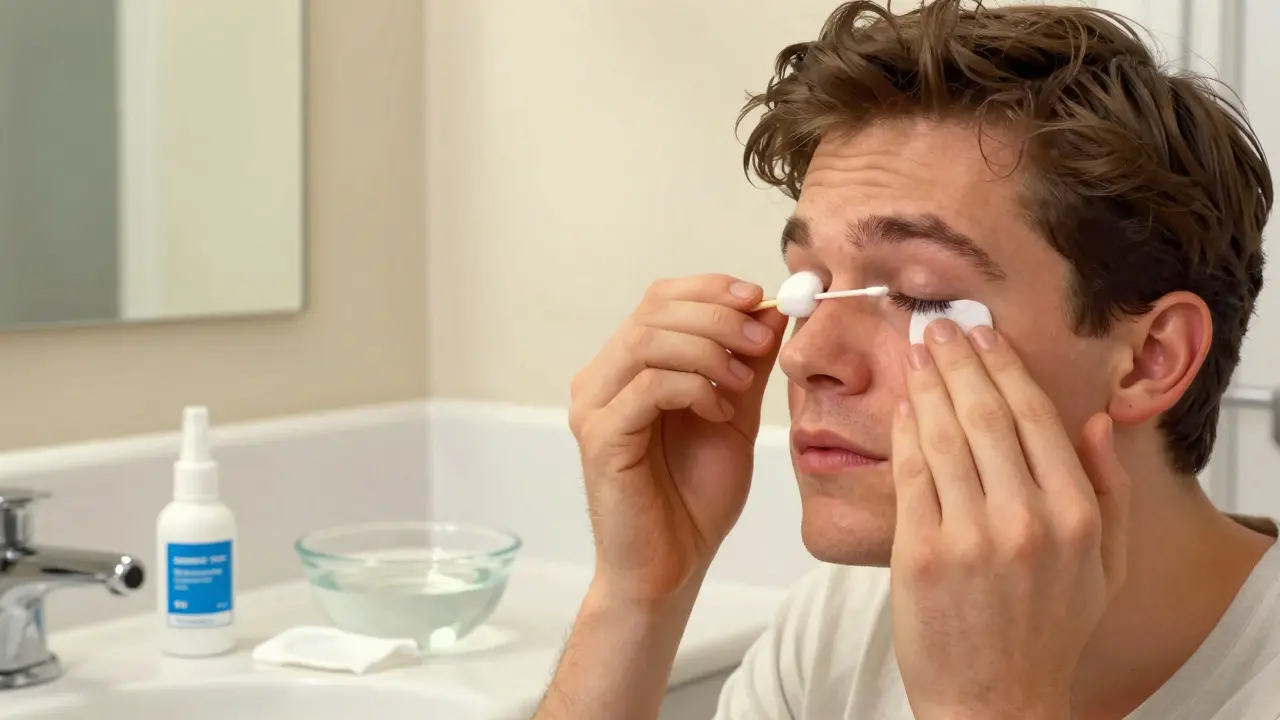 Person gently massaging and cleaning eyelids in a bright bathroom