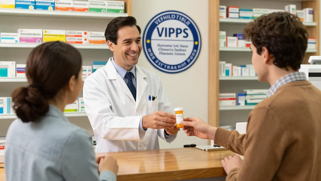 Pharmacist handing a prescription bottle to a customer