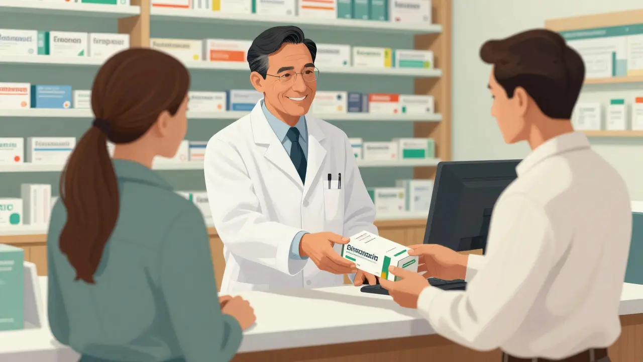 Pharmacist handing package to customer