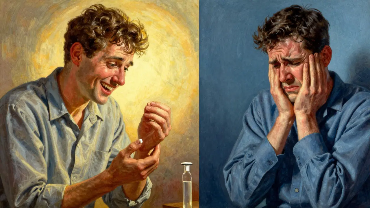 Split image showing happy placebo patient vs suffering nocebo patient, classic art