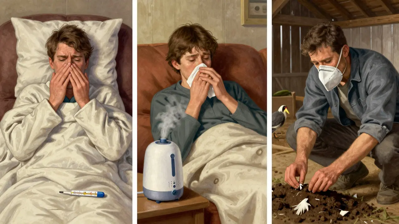 Three scenes showing bacterial, viral, and fungal pneumonia causes and risks.